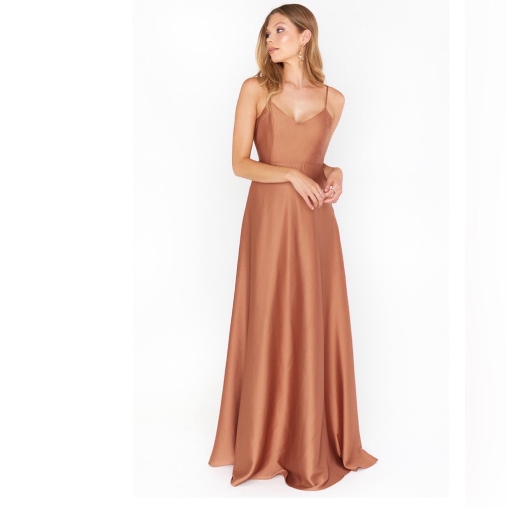 Show Me Your Mumu Faith Maxi Dress in Copper Luxe Satin Large Coquette Prom